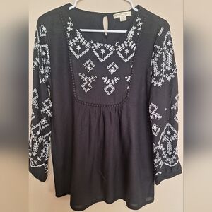 Studio West Boho Flowy Black Blouse with White Embroidery